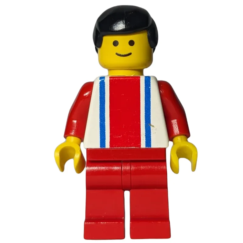 Man, White Top with Large Red Stripe and 2 Blue Stripes, Red Legs, Black Hair