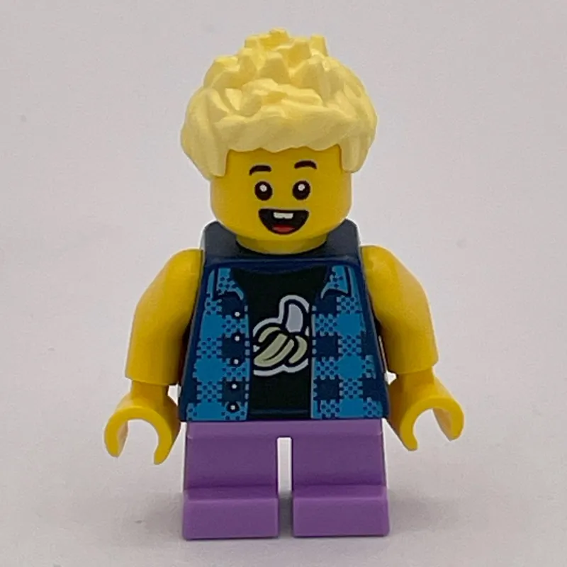 Boy, Dark Blue Banana Shirt, Short Medium Lavender Legs