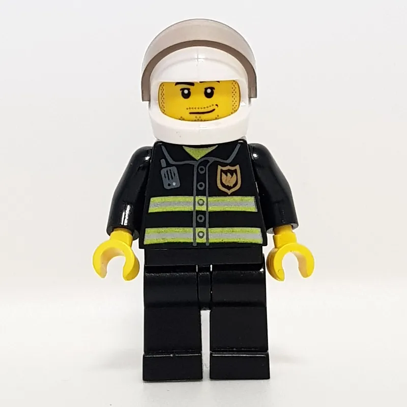 Fireman, Black Fire Jacket with Reflective Stripes, Radio, and Badge, White Helmet with Visor, Stubble