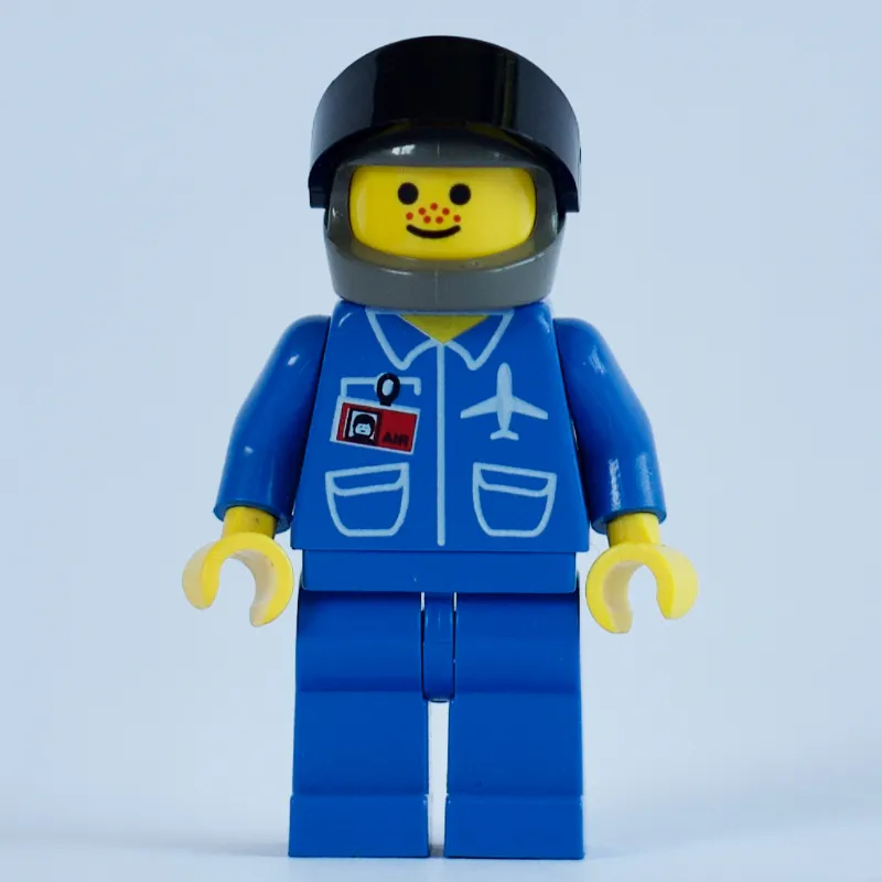 Pilot, Blue Jacket with Plane Logo and ID Badge, Dark Gray Helmet with Visor