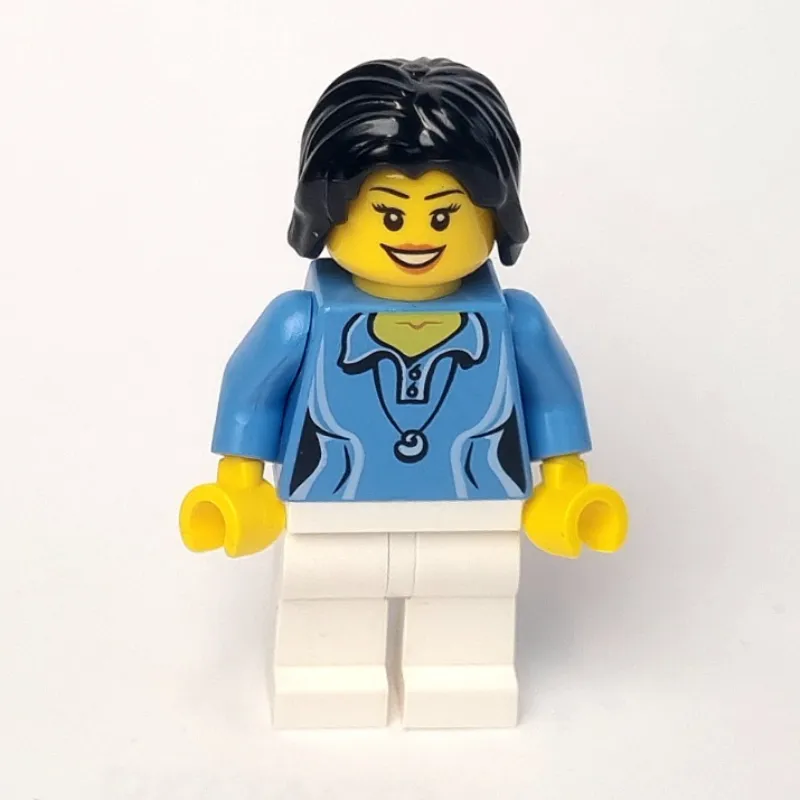 Woman, Medium Blue Polo Shirt with Necklace, White Legs, Black Hair