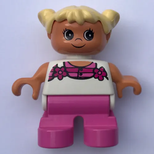 Duplo Figure, Early Child, with Pigtails Light Yellow, Dark Pink Legs, Pink Stripes and Flowers Print