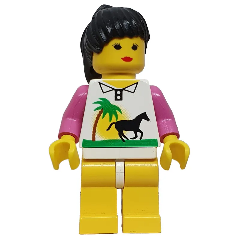 Woman, White Shirt with Palm Tree and Horse, Yellow Legs, Black Hair