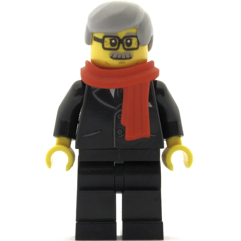 Man, Black Suit with Tie, Red Scarf, Light Bluish Gray Hair, Moustache and Glasses