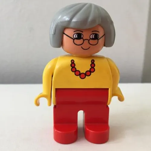 Duplo Figure, Early, Hair Bob Light Gray, Red Legs, Red Necklace, Gray Hair, Glasses Print