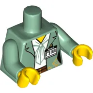 Torso Jacket with Gold Flowers over White Shirt and Dark Brown Belt, ID Badge with 'KOKO' Print, Sand Green Arms, Yellow Hands