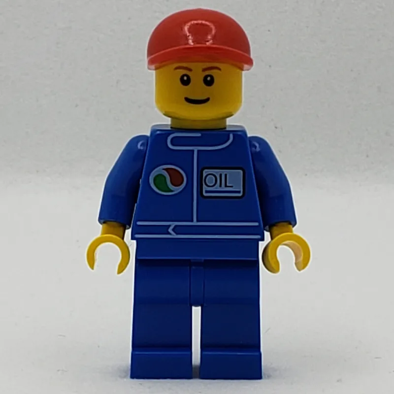 Mechanic, Blue Jumpsuit with Octan Logo, Red Cap, Smile, Reddish Brown Eyebrows