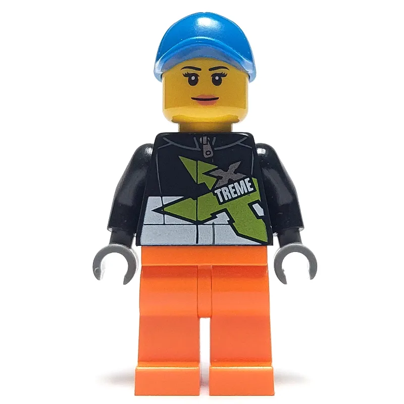 Racer, Woman, Black Jacket with Extreme Team Logo, Orange Legs, Blue Cap