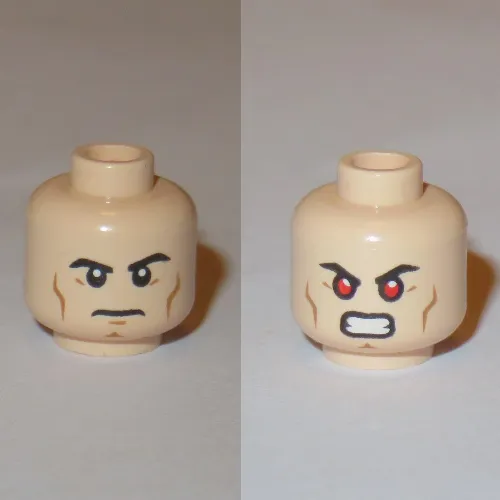 Minifig Head Superman, Eyebrows, Cheek Lines, Chin Dimple, Determined / Bared Teeth with Red Eyes Print