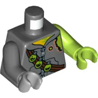 Torso, Odd Arms and Hands, Hoodie with Zipper, Torn Shoulder, Bandolier with 3 Toxic Bulbs Print, Left Lime Arm and Hand, Right Dark Bluish Gray Arm and Light Bluish Gray Hand