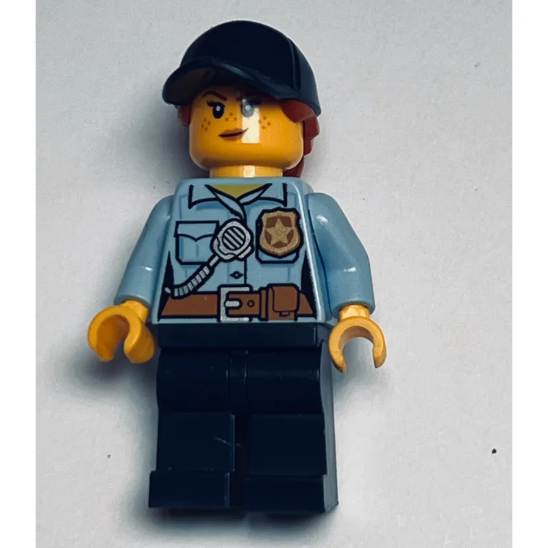 Policewoman, Bright Light Blue Shirt with Radio and Badge, Dark Blue Legs, Dark Blue Cap with Hair, Freckles