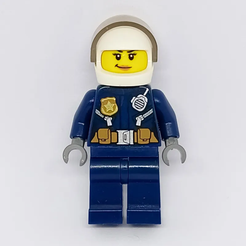 Policewoman, Dark Blue Jacket with Radio, Badge, and Belt with Pouches, White Helmet with Trans-Brown Visor, Smirk (3626cpr2113 Head)