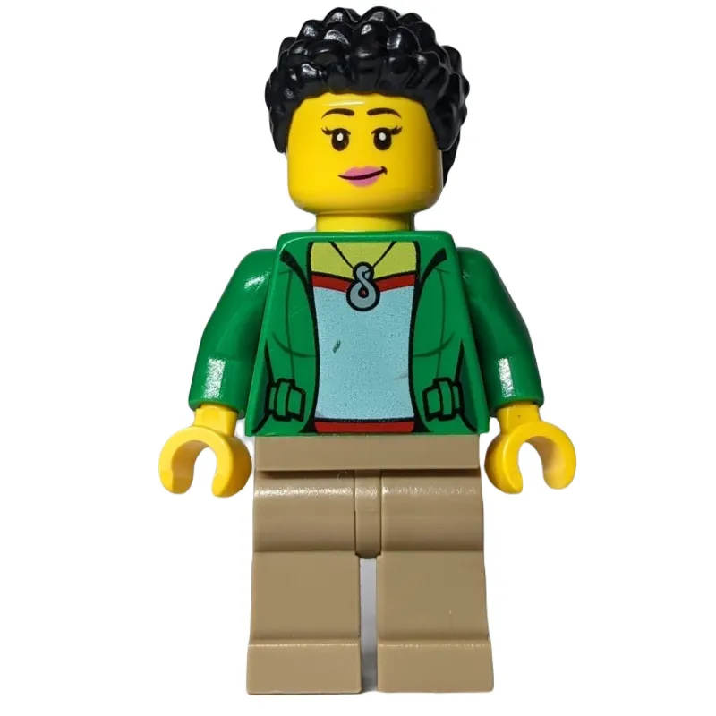 Woman, Open Green Jacket, Dark Tan Legs, Black Hair