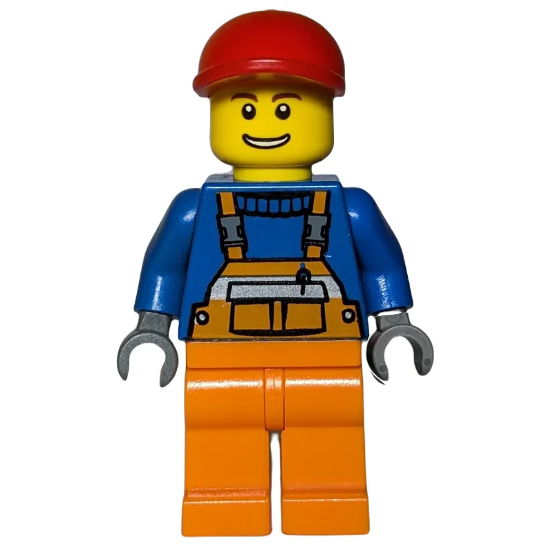 Construction Worker, Orange Overalls over Blue Sweater, Red Cap
