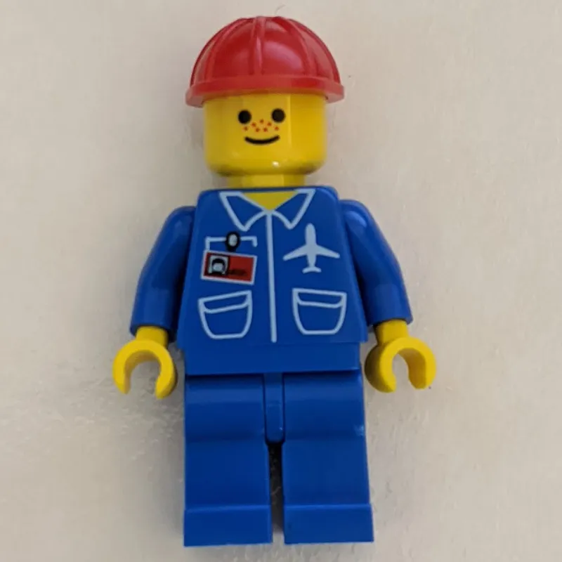 Ground Crew, Blue Jumpsuit with Plane and ID Badge, Red Hard Hat