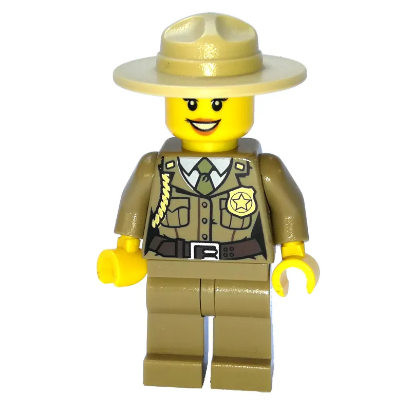 Forest Police / Ranger, Woman, Dark Tan Shirt with Olive Green Tie and Badge, Dark Tan Legs, Tan Campaign Hat