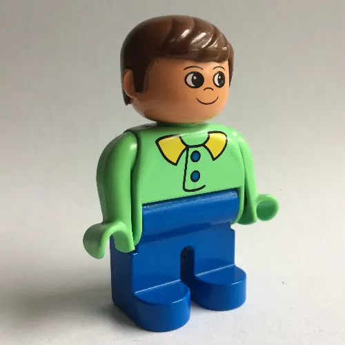 Duplo Figure, Early, with Short Parted Hair Brown, Blue Legs, Blue Buttons and Lime Collar Print