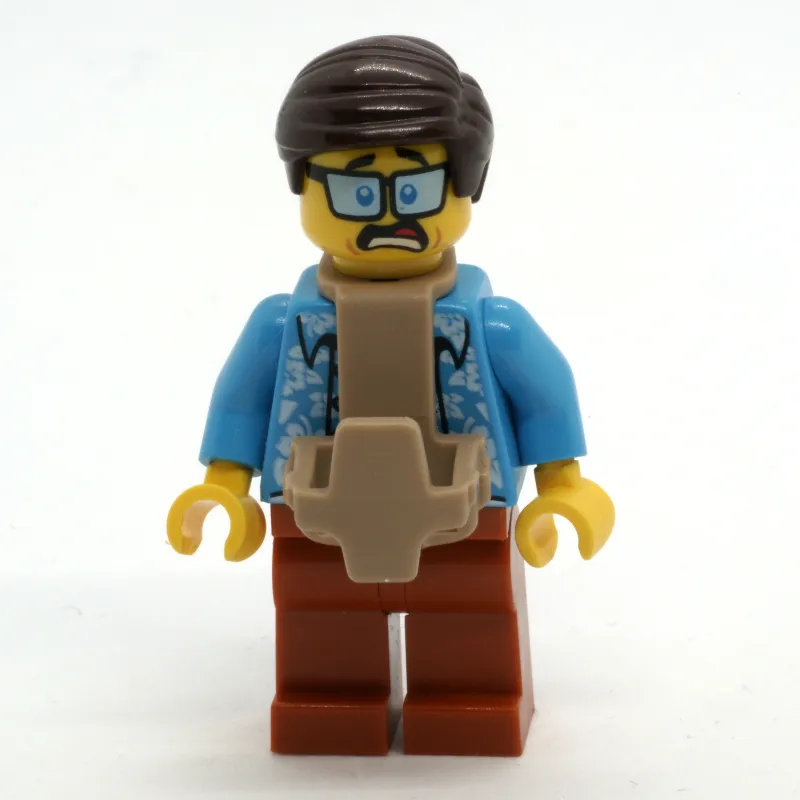 Man, Open Dark Azure Hawaiian Shirt, Dark Orange Legs, Dark Brown Hair, Baby Carrier