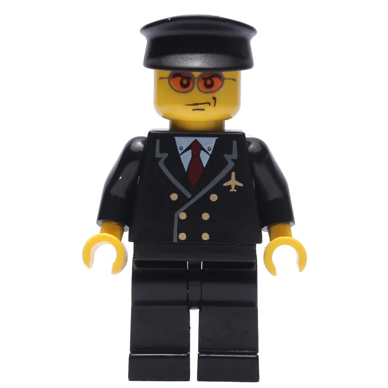 Pilot, Black Suit with Tie and Airplane Badge, Black Hat, Orange Sunglasses