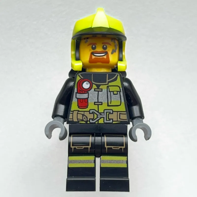 Firefighter, Black Fire Suit with Red Flashlight, Vibrant Yellow Helmet