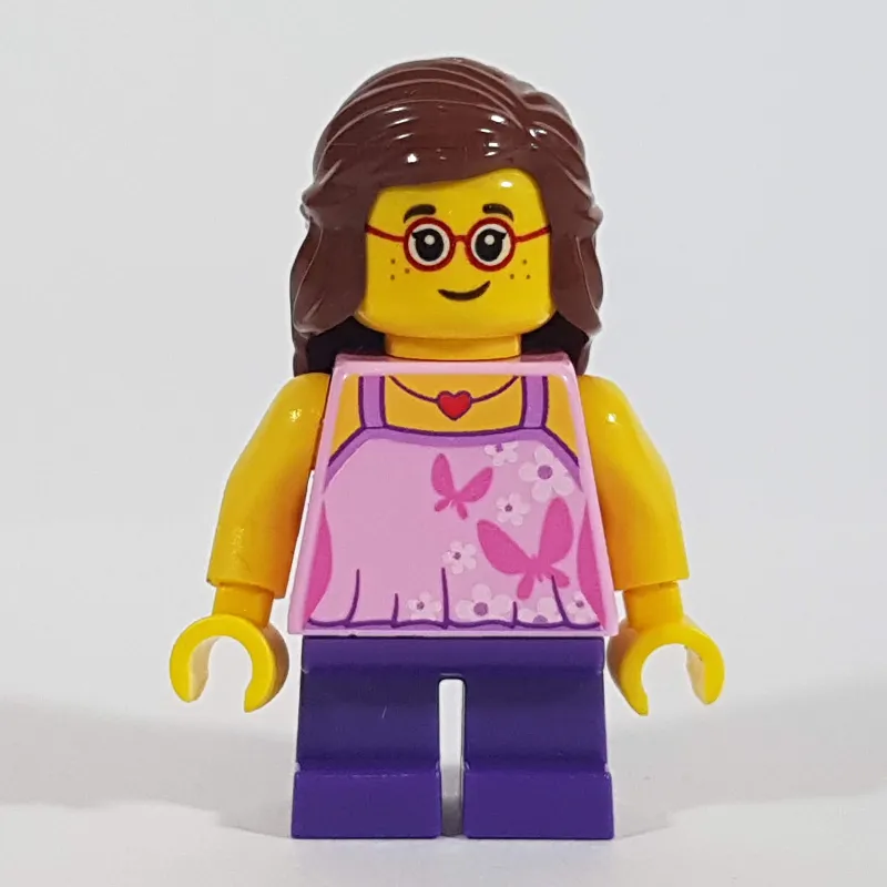 Girl, Bright Pink Top with Butterflies, Dark Purple Legs, Reddish Brown Hair, Glasses