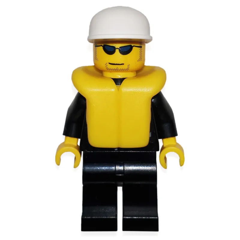 Policeman, Black Jacket with Pocket and Badge, White Cap, Yellow Life Vest, Sunglasses