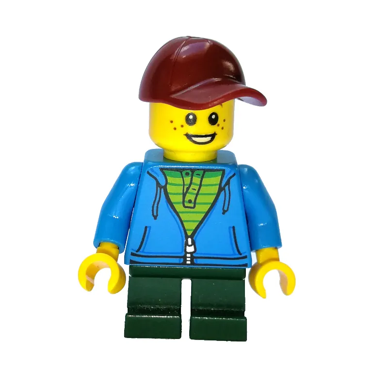 Boy, Open Dark Azure Hoodie with Zipper, Short Dark Green Legs, Dark Red Cap