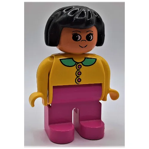 Duplo Figure, Early, Hair Bob Black, Dark Pink Legs, and Dark Pink Buttons and Medium Green Collar Print