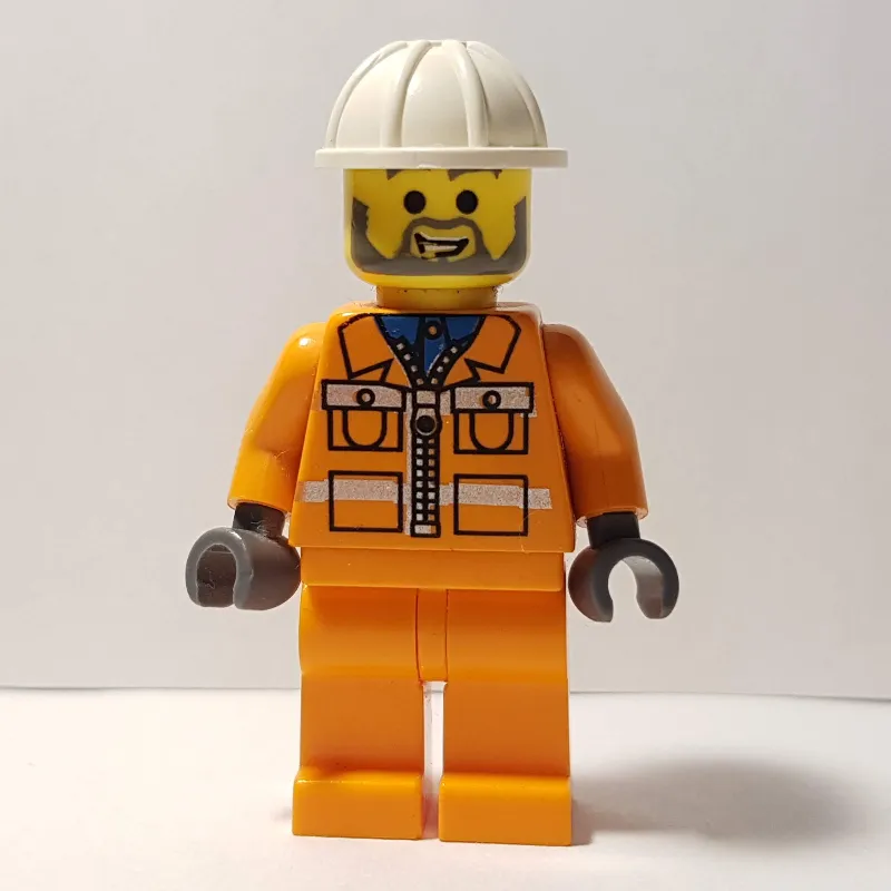 Garry - Construction Worker, Orange Jacket with Zipper and Reflective Stripes, Orange Legs, White Hard Hat, Beard