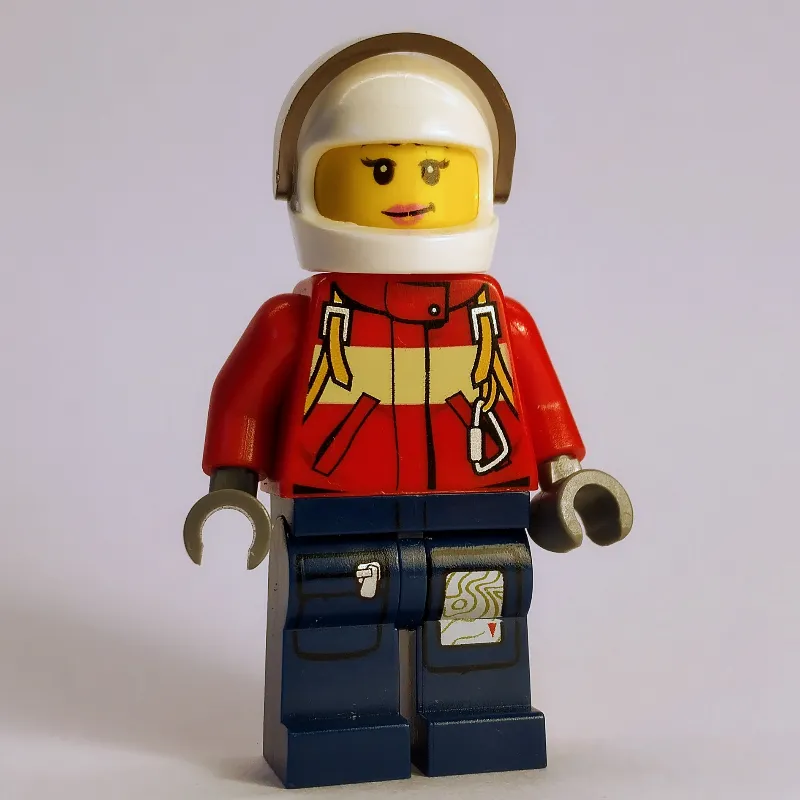 Firewoman, Red Jacket with Straps, Dark Blue Legs, White Helmet with Visor