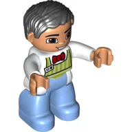 Duplo Figure with Parted Wavy Hair Black, with White Shirt and Green Stripe Apron - Medium Blue Legs - Vendor/Waiter, Square Eyes