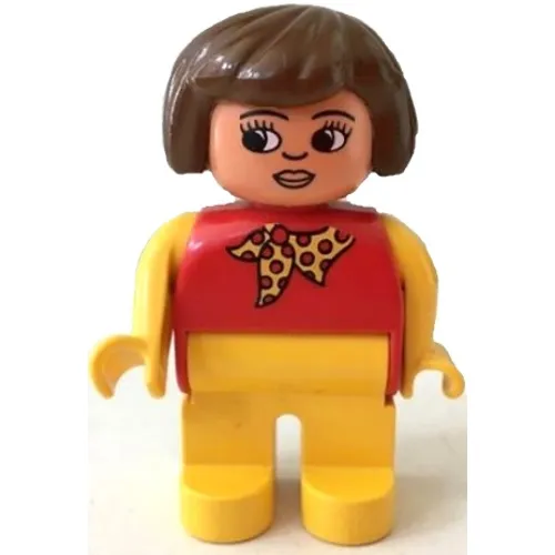Duplo Figure, Early, Hair Bob Brown, Yellow Legs, Yellow Arms, Yellow Scarf with Red Dots, White Eyes Print