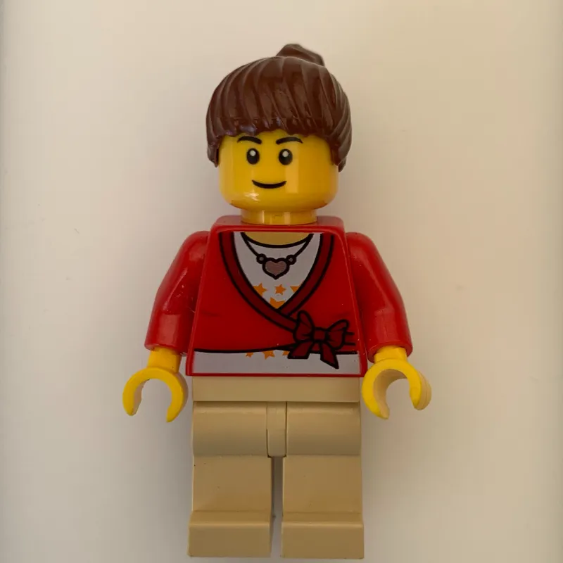 Woman - Red Sweater, Tan Legs, Reddish Brown Hair, Black Eyebrows