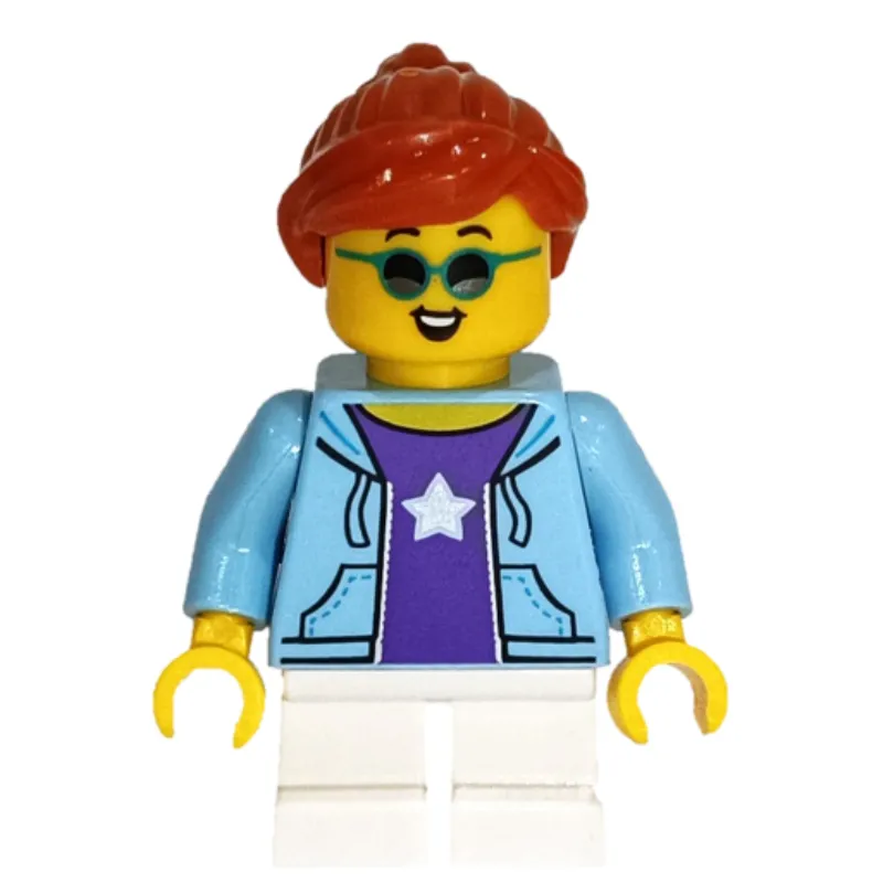 Girl, Bright Light Blue Jacket, Short White Legs, Sunglasses