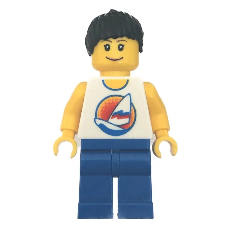 Woman, White Tank Top with Windsurfer, Blue Legs, Black Ponytail