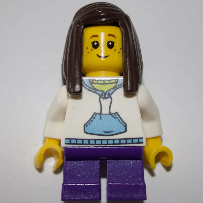 Kid - White Torso, Dark Purple Legs, Dark Brown Hair