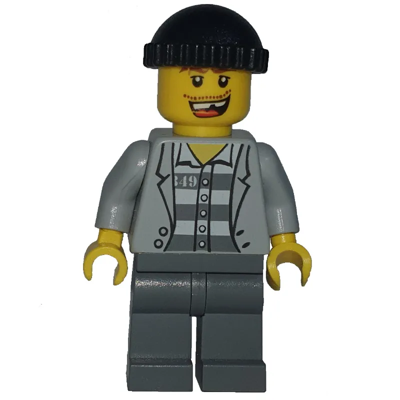 Criminal, Open Light Bluish Gray Jacket over Prison Shirt, Dark Bluish Gray Legs, Black Hat, Missing Tooth (3626b Head)