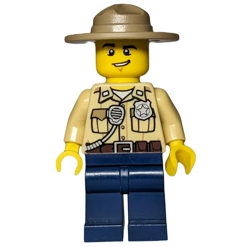 Swamp Police / Ranger, Tan Shirt with Badge and Radio, Dark Tan Campaign Hat, Dark Blue Legs