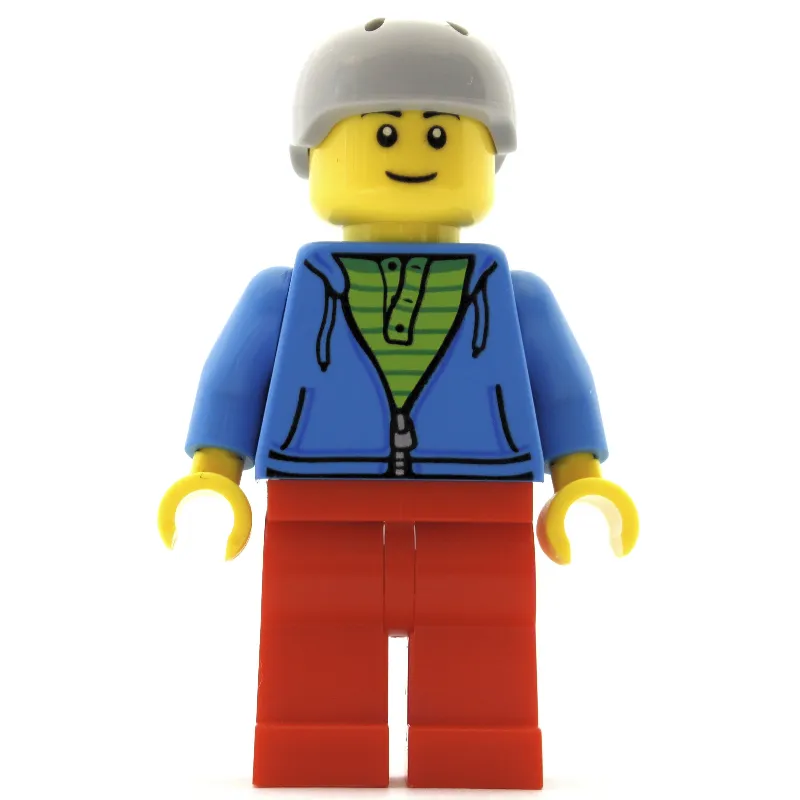 Man, Open Dark Azure Hoodie over Lime Shirt, Red Legs, Light Bluish Gray Helmet