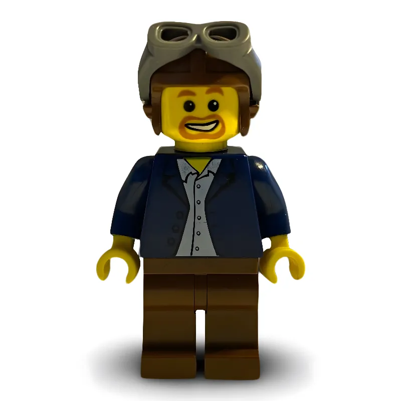 Man, Open Dark Blue Jacket, Reddish Brown Legs, Helmet and Goggles