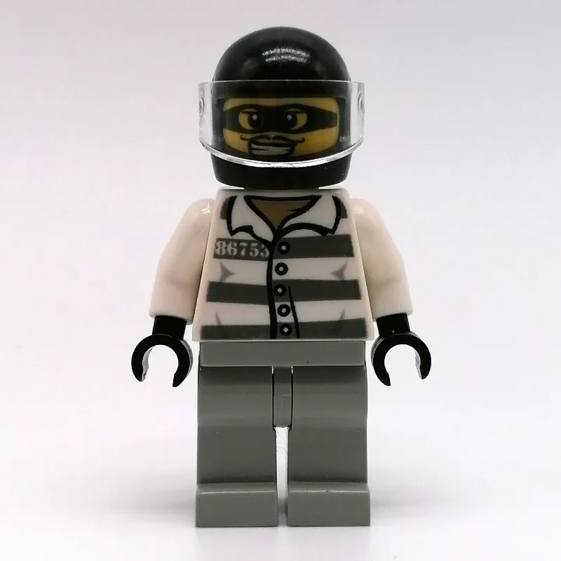 Criminal, Prison Shirt with #86753, Light Bluish Gray Legs, Black Helmet with Visor, Eyemask