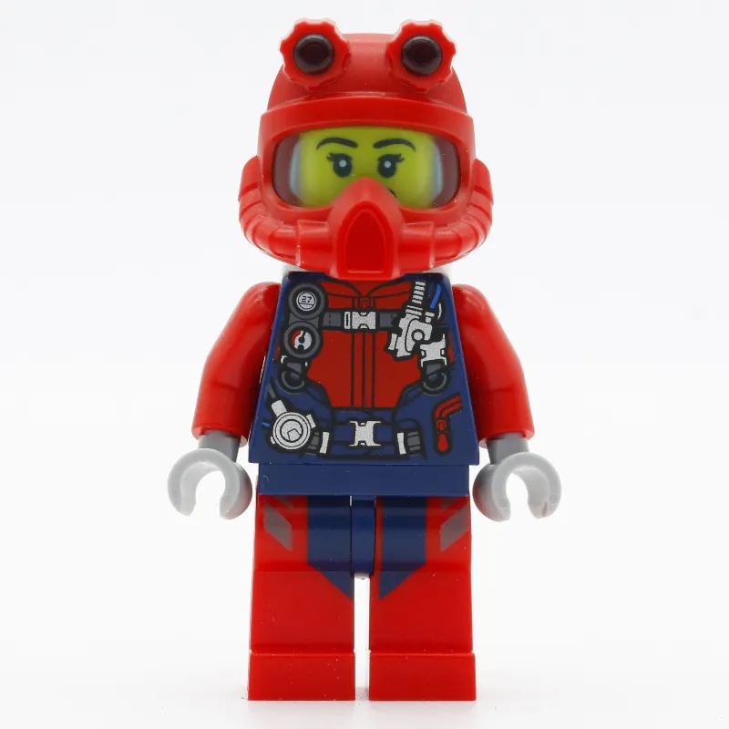 Diver, Woman, Red and Dark Blue Wetsuit with Straps and Gauges, Red Diving Helmet, Airtanks, Open Mouth