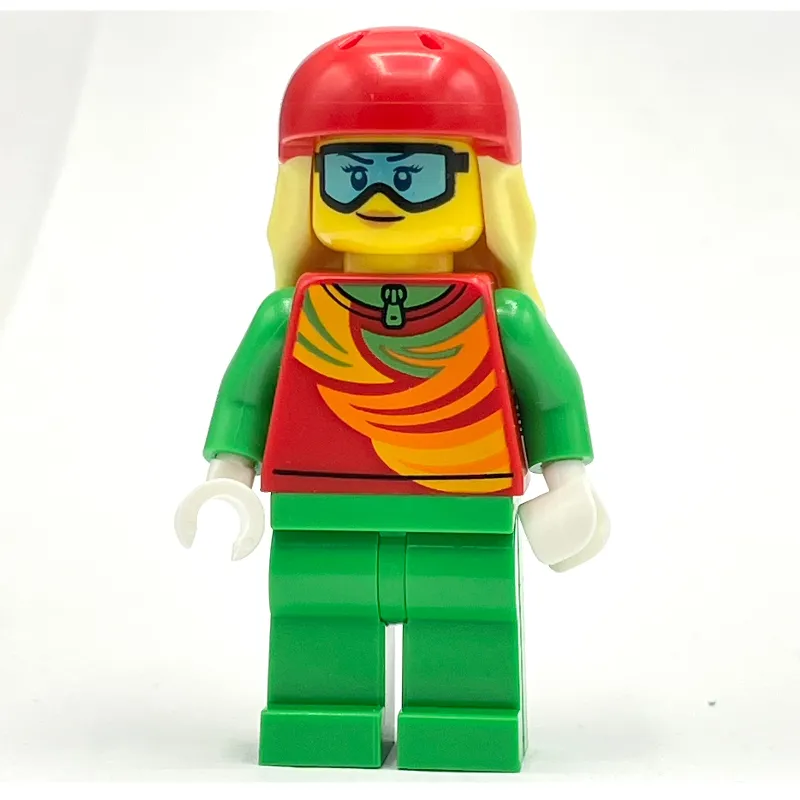 Skier, Red and Bright Green Snowsuit, Red Helmet with Hair