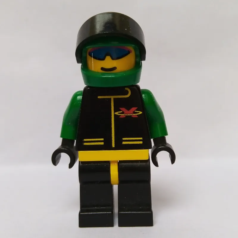 Racer, Extreme Team, Black Jacket, Black Legs, Green Helmet with Visor, Blue Sunglasses