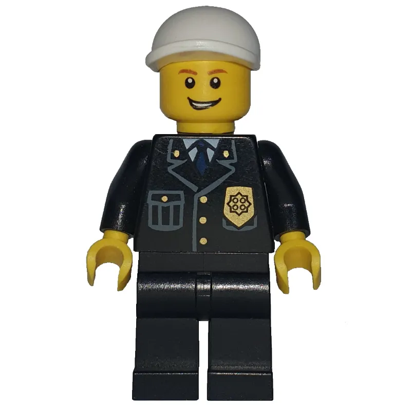 Policeman, Black Suit with Badge, White Cap, Open Mouth