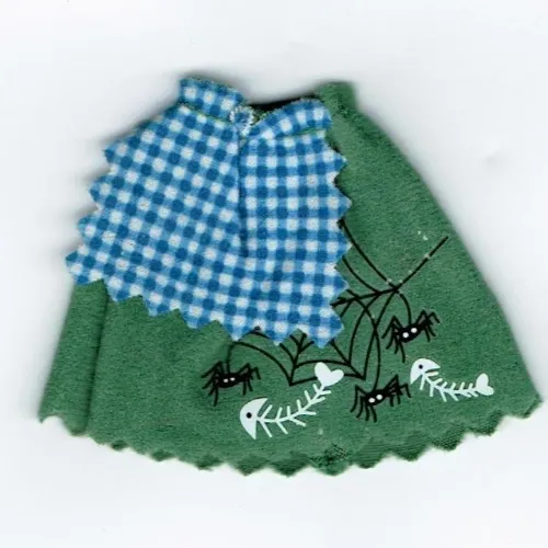 Belville, Skirt, Long with Spiders, Web and Fishbones Print with Blue and White Check Apron