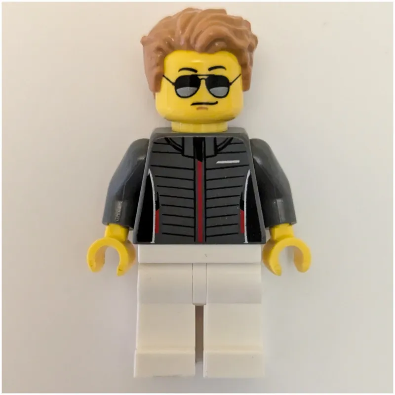 Race Driver - Dark Bluish Grey Torso, White Legs, Medium Nougat Hair