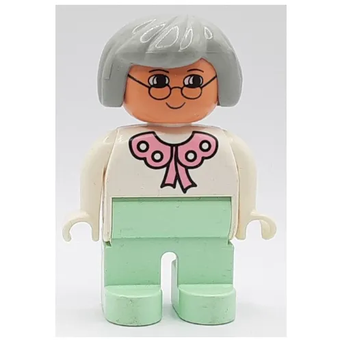 Duplo Figure, Early, Hair Bob Light Gray, Light Green Legs, Pink Lace Collar, Glasses Print