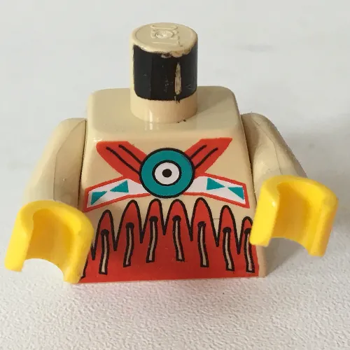 Torso Buckskin Tunic with American Indian Decorations, Red on Bottom and Fringe Print, Tan Arms, Yellow Hands