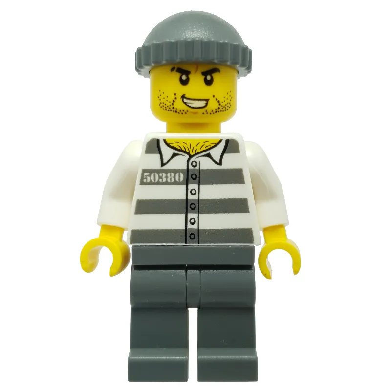 Criminal, Prison Shirt with #50380, Dark Bluish Gray Legs, Dark Bluish Gray Hat, Stubble